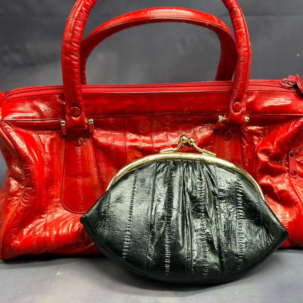 Vintage 70s Genuine Eel Skin Satchel with Black Kisslock Coin Gorgeous